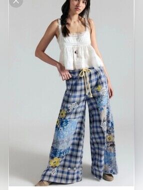Free People Brooks Embroidered Wide Leg Patchwork Pants Blue Plaid Floral XL NWT
